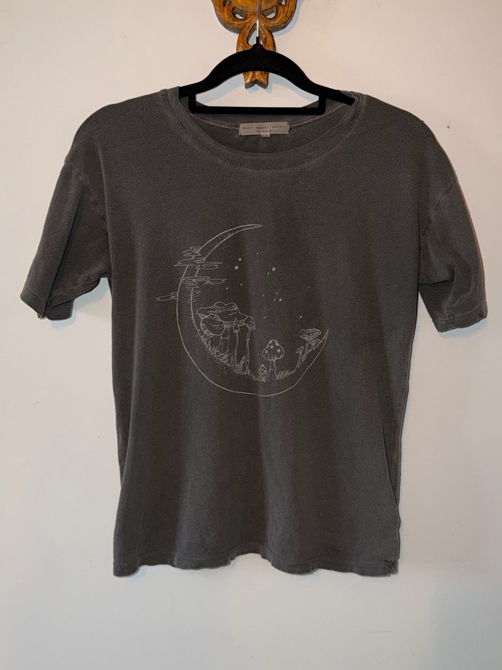 Truly Madly Deeply Gray Short Sleeve Tee with Moon & Mushroom Graphic